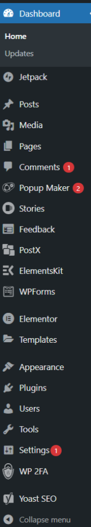 WordPress Dashboard Left menu