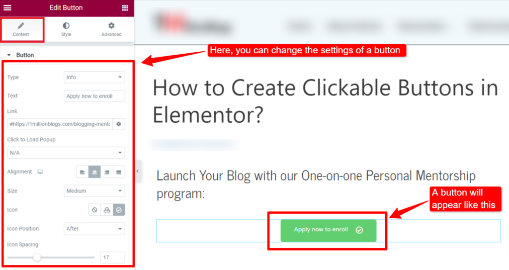 clickable buttons on Elementor