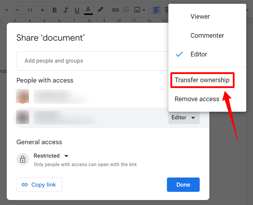 Google Docs transfer ownership