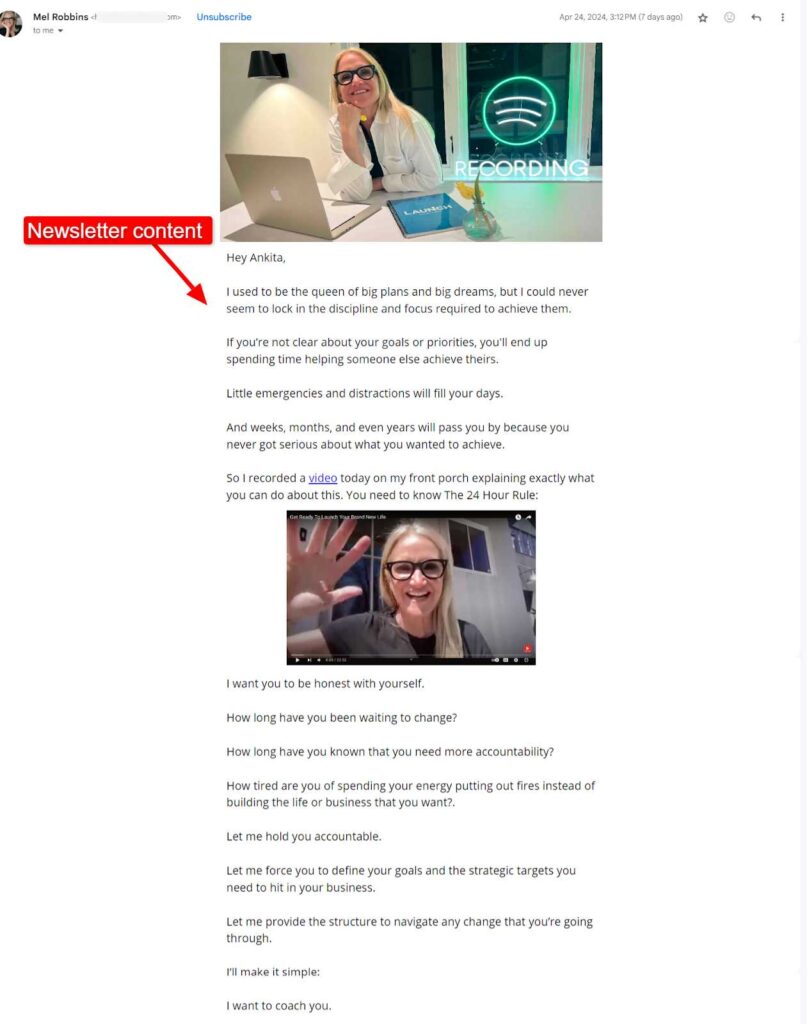 mel robbins newsletter as an example of newsletter content